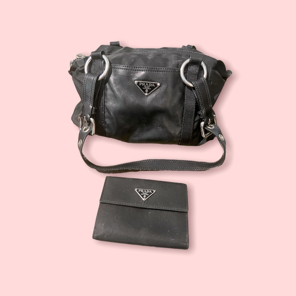 RARE VINTAGE Prada leather/vinyl buckle bag with matching wallet.